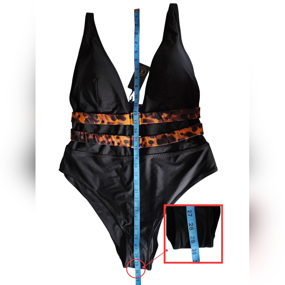 NWT Fox & Royal "Vibeka" 1-Piece Swimsuit - Black Leopard & Gold Accents Side: M - Picture 5 of 7
